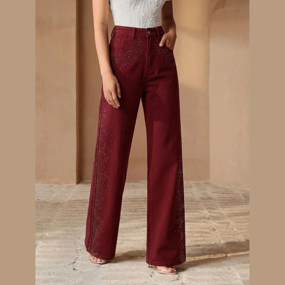 Burgundy Rhinestone Embellished High Waist Wide Leg Denim Jeans